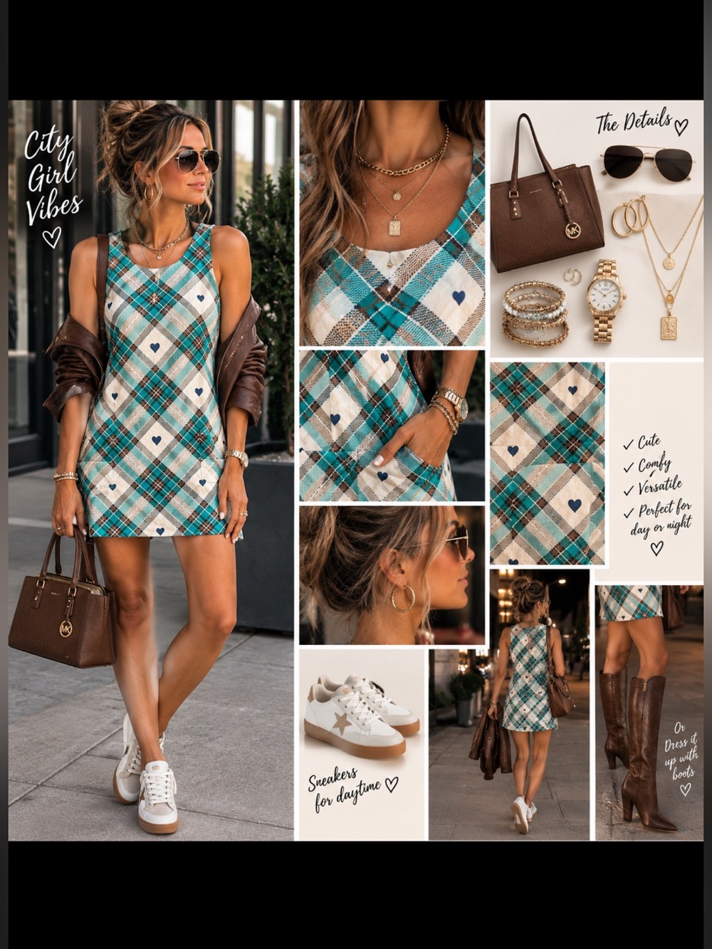 Free People Backless Plaid Tank Dress in Teal, Navy & Brown
